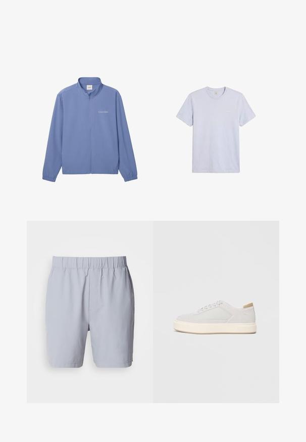 Lichtblauwe jas met ritssluiting, lange mouwen, elastische manchetten, opstaande kraag en "Calvin Klein" logo op de linkerborst.; Effen lichtgrijs T-shirt met korte mouwen en ronde hals, met klein wit Calvin Klein-logo op de linkerborst.; Lichtgrijze zwembroek met een elastische tailleband, twee zijzakken en een gladde, lichte stof. Geen zichtbare patronen of versieringen.; Lichtgrijze sneakers met een glad synthetisch bovenwerk, ronde neus en een gestructureerde crème tussenzool. Lichte tan accenten op de hak.