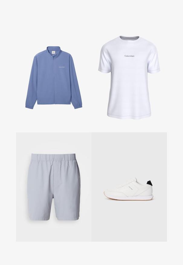 Lyseblå hættejakke med lynlås, lange ærmer, elastiske manchetter, høj krave og "Calvin Klein"-logo på venstre bryst.; Hvid T-shirt med korte ærmer og rund hals med "Calvin Klein" logo trykt i små lysegrå bogstaver på brystet.; Lysegrå badebukser med elastisk talje, to sidelommer og et glat, letvægtsstof. Ingen synlige mønstre eller udsmykninger.; Hvide sneakers med en glat tekstur, der har et minimalistisk design, diskret branding på siden og en kontrasterende sort hælcelle.
