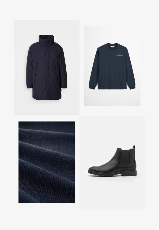 Marineblaue gepolsterte Jacke mit hohem Kragen, Fronttaschen und elastischen Bündchen. Glattes Material mit minimalistischem Design und ohne sichtbare Verschlüsse.; Marineblaues Langarm-T-Shirt aus weichem Baumwollmaterial mit Rundhalsausschnitt. Mit gesticktem Logo-Text auf der Brust und gerippten Bündchen.; Dunkelblaue Denim-Stoff mit geripptem Muster, das Falten und Wellen zeigt und somit sein Gewicht und seine Strapazierfähigkeit betont.; Schwarze Leder Chelsea-Stiefel mit elastischen Seiteneinsätzen und einer Ziehschlaufe, runder Zehenform und strukturiertem Gummisohle.