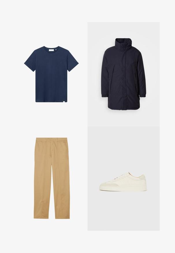 Marineblauwe gewatteerde jas met een hoge kraag, voorzakken en elastische manchetten. Glad materiaal met een minimalistisch ontwerp en geen zichtbare sluitingen.; Navyblauwe katoenen t-shirt met een ronde hals, korte mouwen en een klein geborduurd logo op de linkerkant van de borst. Zachte textuur.; Khaki broeken van gladde stof, met een recht gesneden ontwerp, twee voorzakken en schone, minimalistische stikdetails.; Witte suède sneakers met een gladde afwerking, ronde neus, plat veterontwerp en contrasterende gestructureerde accenten. Voorzien van een subtiel logodetail.
