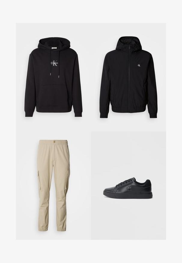 Chaqueta negra ligera con capucha, puños elásticos y dobladillo, cremallera completa en la parte delantera y logo en el lado izquierdo del pecho. Textura suave y mate.; Sudadera de algodón negra con capucha ajustable, bolsillo canguro y un logo plateado con "Calvin Klein" y "CK" en el pecho.; Pantalones cargo beige con cinturilla elástica, cierre de botón, bolsillos laterales y puños elásticos en los tobillos, fabricados en tela ligera.; Zapatillas negras de cuero con diseño de cordones, suela de goma y logo en relieve en el lateral, que presentan una textura suave y un estilo minimalista.