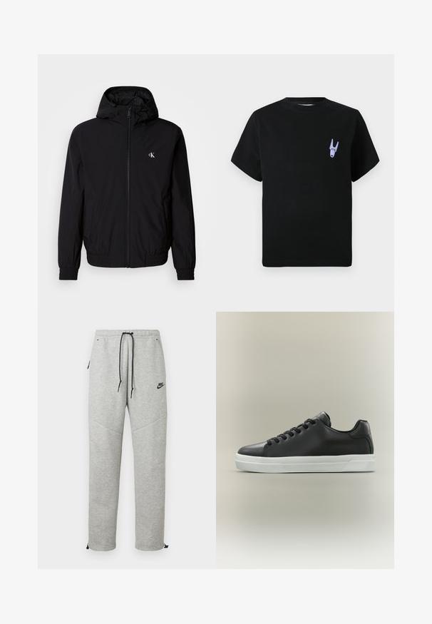 Veste légère noire avec capuche, poignets et ourlet élastiques, fermeture éclair intégrale à l'avant, et logo sur la poitrine gauche. Texture lisse et mate.; T-shirt en coton noir à manches courtes, avec un petit motif violet sur la partie gauche de la poitrine. Design simple et carré.; Pantalons de survêtement Nike gris avec taille élastique à cordon, poches latérales et poignets élastiques. Caractérisés par une texture lisse et un logo noir contrastant.; Baskets basses en cuir noir avec lacets noirs et semelle en caoutchouc blanche sur fond neutre, vue de côté.