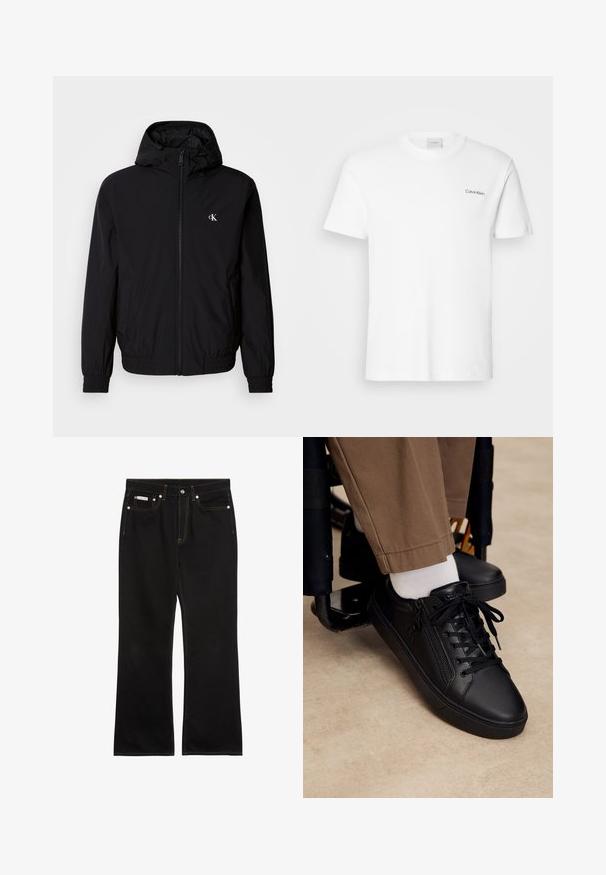 Schwarze leichte Jacke mit Kapuze, elastischen Bündchen und Saum, durchgehendem Frontreißverschluss sowie Logo auf der linken Brustseite. Glatte, matte Textur.; Weißes Baumwoll-T-Shirt mit kurzen Ärmeln und Rundhalsausschnitt. Mit einem kleinen schwarzen "Calvin Klein"-Logo auf der linken Brust.; Schwarze Jeans mit geradem Bein, oranger Naht, fünf Taschen, Knopfverschluss und kleinem Calvin Klein-Label auf der vorderen rechten Tasche.; Schwarzer Ledersneaker mit Schnürsenkeln und seitlichem Reißverschluss, getragen mit weißen Socken und brauner Hose, Fuß ruht auf der Fußstütze eines Rollstuhls.