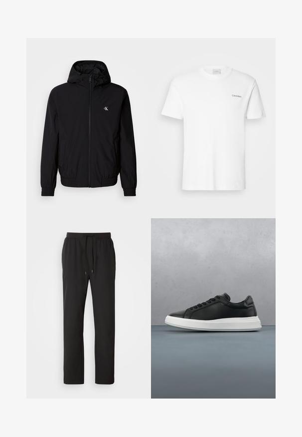 Sort letvægtsjakke med hætte, elastiske manchetter og kant, fuld lynlås foran og logo på venstre bryst. Glat, mat tekstur.; Hvid bomulds T-shirt med korte ærmer og rund halsudskæring. Har et lille sort "Calvin Klein" logo på venstre bryst.; Sorte joggerbukser lavet af letvægtsstof, med elastisk talje med justerbare snore og sidelommer. Glat tekstur.; Sorte lædersneakers med en glat overflade, hvid gummisål, afrundet form, seks øjer til snørebånd og diskret branding på hælen.