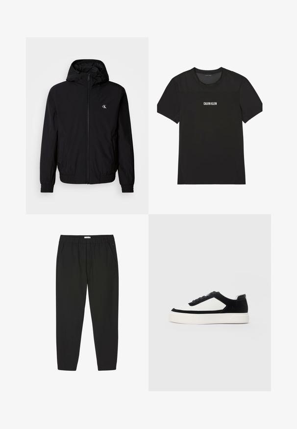 Zwarte lichtgewicht jas met capuchon, elastische manchetten en zoom, een rits over de volle lengte aan de voorkant en een logo op de linkerborst. Glad, mat oppervlak.; Zwart sportief T-shirt met korte mouwen, met een mesh gedeelte op de bovenborst en schouders, met het logo "Calvin Klein" centraal op de voorkant.; Zwarte broek met elastische taille, rechte pijpen en zijzakken, ontworpen voor casual of professioneel gebruik.; Lage sneaker van zwart suede met witte leren panelen, zwarte veters en een dikke witte rubberen zool, weergegeven vanaf de buitenzijde.