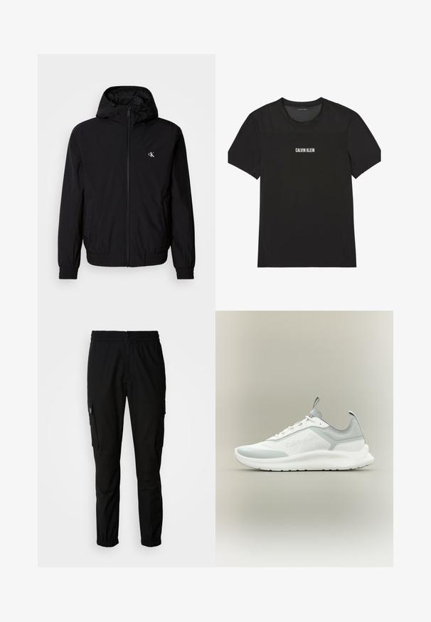 Sort letvægtsjakke med hætte, elastiske manchetter og kant, fuld lynlås foran og logo på venstre bryst. Glat, mat tekstur.; Sort kortærmet Calvin Klein-skjorte med netstof på skuldre og øvre bryst, med brandnavnet trykt i hvidt midt på brystet.; Sorte cargo bukser lavet af stof, med elastisk talje, knaplukning og flere sidelommer med klapper.; Hvid og lysegrå lav-ankel Calvin Klein sneaker med snørebånd, trækflige på tunge og hæl, og en tyk struktureret sål.