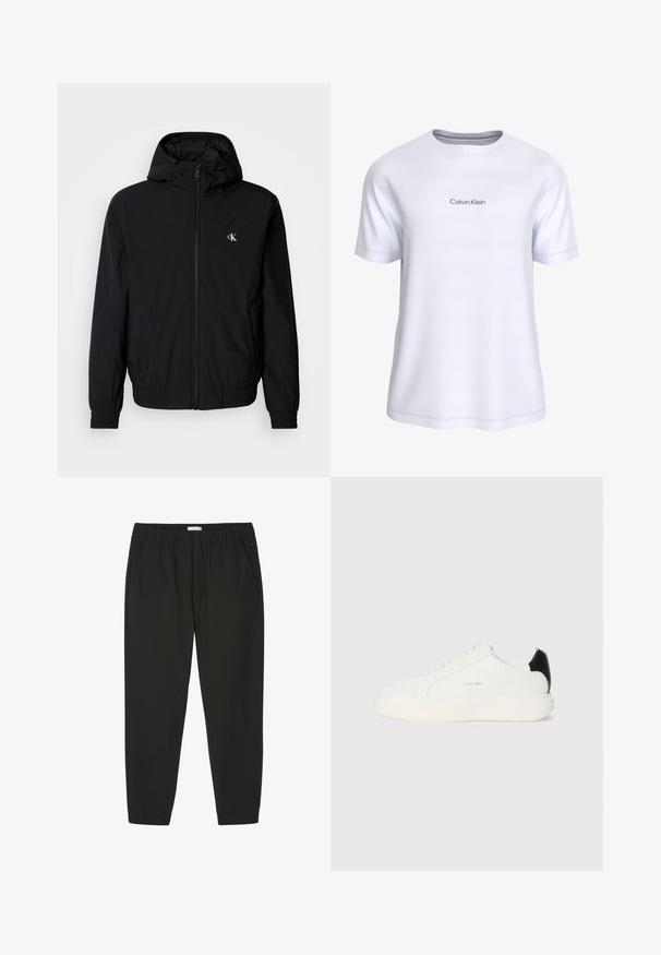 Schwarze leichte Jacke mit Kapuze, elastischen Bündchen und Saum, durchgehendem Frontreißverschluss sowie Logo auf der linken Brustseite. Glatte, matte Textur.; Weißes Kurzarm-T-Shirt mit Rundhalsausschnitt und "Calvin Klein"-Logo, das in kleinen hellgrauen Buchstaben auf der Brust gedruckt ist.; Schwarze Hosen mit elastischem Bund, geraden Beinen und Seitentaschen, entwickelt für Freizeit- oder Berufsbekleidung.; Weiße Ledersneaker mit einem schwarzen Akzent an der Ferse, runden Zehen, flachen Schnürsenkeln und einer dicken weißen Sohle. Calvin Klein Logo angebracht.