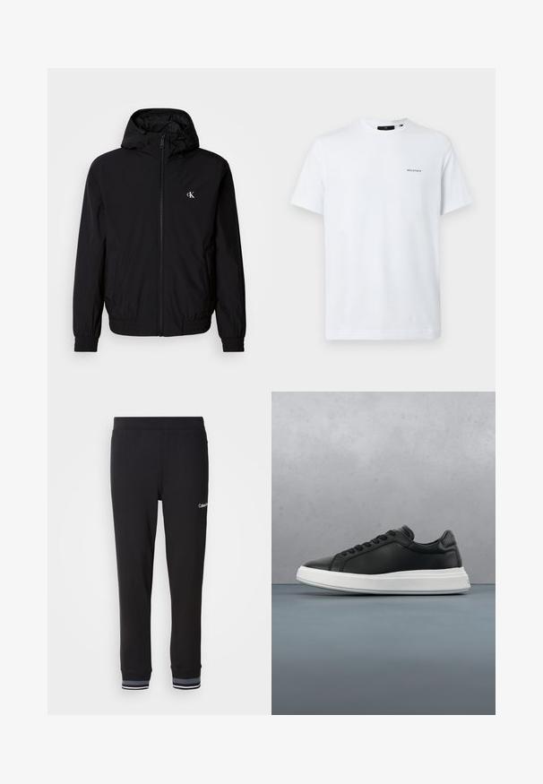 Sort letvægtsjakke med hætte, elastiske manchetter og kant, fuld lynlås foran og logo på venstre bryst. Glat, mat tekstur.; Hvid bomulds t-shirt med korte ærmer, ribbet rund halsudskæring og et lille gråt "BELSTAFF" logo på venstre brystområde.; Sorte joggingbukser med glat tekstur, elastisk talje og ribkanter med blå og hvide striber. Logo på venstre ben.; Sorte lædersneakers med en glat overflade, hvid gummisål, afrundet form, seks øjer til snørebånd og diskret branding på hælen.