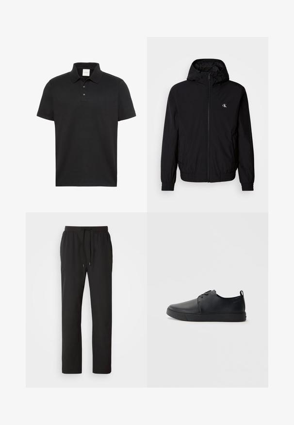 Veste légère noire avec capuche, poignets et ourlet élastiques, fermeture éclair intégrale à l'avant, et logo sur la poitrine gauche. Texture lisse et mate.; Polo noir à manches courtes avec col et trois boutons, arborant un discret logo Calvin Klein sur la poitrine.; Pantalons de jogging noirs en tissu léger, dotés d'une taille élastique avec cordons de serrage réglables et poches latérales. Texture lisse.; Baskets en cuir noir avec une finition lisse, bout arrondi, coutures ton sur ton, devant à lacets et semelle plate en caoutchouc. Anse au talon.