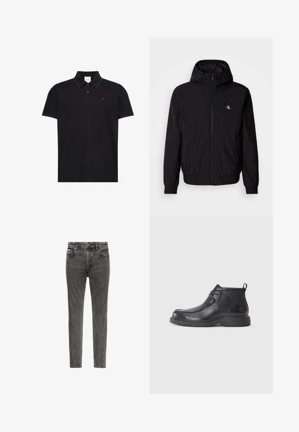 Sort letvægtsjakke med hætte, elastiske manchetter og kant, fuld lynlås foran og logo på venstre bryst. Glat, mat tekstur.; Sort kortærmet polo shirt med krave, to knapper, diskret kontrastkant på kravekanterne og lille "ck" logo på brystet.; Slim-fit, falmet sort denim jeans med fem lommer, bæltestropper og knaplukning ved taljen, vist forfra på en hvid baggrund.; Sorte læder ankelstøvler med rund tå, snørelukning og en løkke bagpå. Tekstureret overdel og gummisål.