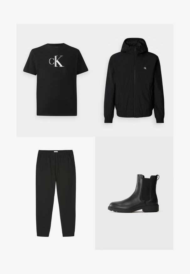 Schwarze leichte Jacke mit Kapuze, elastischen Bündchen und Saum, durchgehendem Frontreißverschluss sowie Logo auf der linken Brustseite. Glatte, matte Textur.; Schwarzes Baumwoll-T-Shirt mit einem silbernen "ck"-Logo auf der Vorderseite. Kurzärmlig und mit einem runden Halsausschnitt in regulärer Passform.; Schwarze Hosen mit elastischem Bund, geraden Beinen und Seitentaschen, entwickelt für Freizeit- oder Berufsbekleidung.; Schwarze Leder-Stiefelette mit elastischen Seiteneinsätzen, Zugschlaufe an der Ferse und niedrigem Blockabsatz vor einem schlichten Hintergrund.