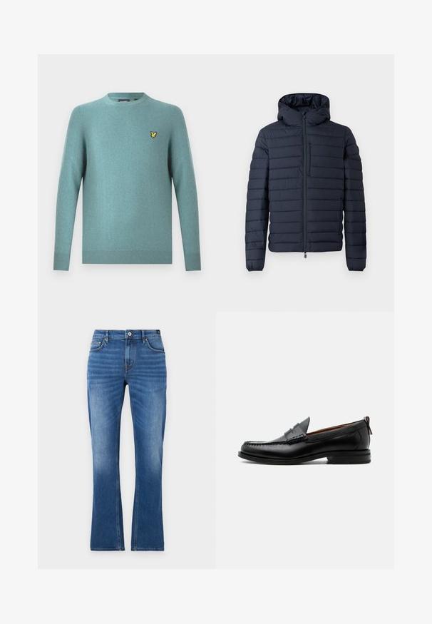 Chaqueta acolchada color azul marino oscuro con capucha, con secciones acolchadas horizontales, cremallera frontal y puños elásticos. Diseño minimalista con detalles sutiles.; Suéter de cuello redondo en tejido suave color verde azulado, con mangas largas y borde acanalado. Detalle de logo bordado en amarillo en el pecho.; Vaqueros acampanados de mezclilla en azul medio. Presentan un diseño de cinco bolsillos, detalles cosidos, un cierre de botón y una textura ligeramente desgastada en las piernas.; Mocasín de hombre de piel negra con costura moc toe, tira penny, cuello texturizado y tacón bajo apilado sobre fondo blanco.