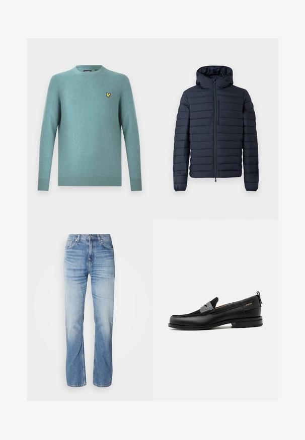 Chaqueta acolchada color azul marino oscuro con capucha, con secciones acolchadas horizontales, cremallera frontal y puños elásticos. Diseño minimalista con detalles sutiles.; Suéter de cuello redondo en tejido suave color verde azulado, con mangas largas y borde acanalado. Detalle de logo bordado en amarillo en el pecho.; Jeans de mezclilla azul claro con corte recto, acabado desgastado, cinco bolsillos y cierre de botón. Diseño clásico y grosor medio.; Mocasín de cuero negro con detalle de tira gris, tacón bajo y suela texturizada, con la marca "HUGO" en oro en el lateral.