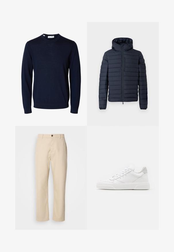 Dunkelblaue Steppjacke mit Kapuze, die horizontale Steppnähte, einen Frontreißverschluss und elastische Bündchen aufweist. Minimalistisches Design mit dezenten Akzenten.; Marineblauer Langarmpullover mit Rundhalsausschnitt, gerippten Bündchen und Saum, gefertigt aus feinem Strickstoff.; Beige Baumwollhosen mit geraden Beinen, einem Knopfverschluss vorne, Seitentaschen und einer glatten Textur. Minimalistisches Design, ohne sichtbare Muster.; Weiße Leder-Sneaker mit glatter Oberfläche, rundem Zehenbereich, flachen Schnürsenkeln und strukturiertem Schuhsohlen. Graues Wildleder-Detail an der Ferse.