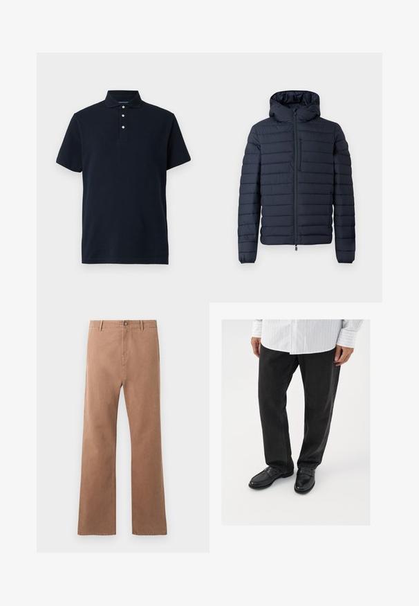 Donkerblauwe pufferjas met capuchon, voorzien van horizontale doorgestikte secties, een rits aan de voorkant en elastische manchetten. Minimalistisch ontwerp met subtiele accenten.; Marineblauwe polo met korte mouwen en een kraag, voorzien van drie witte knopen op de sluiting, weergegeven tegen een effen achtergrond.; Bruine, rechte broek van katoen. Voorzien van een knoopsluiting, voorkruiken en zichtbare stiksels langs de naden.; Zwarte denim broek gecombineerd met glanzende zwarte instappers. Het shirt is wit met dunne verticale strepen, heeft lange mouwen en een geknoopte kraag.