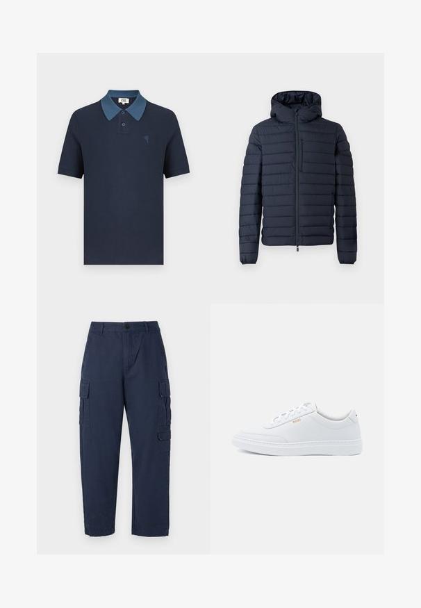Donkerblauwe pufferjas met capuchon, voorzien van horizontale doorgestikte secties, een rits aan de voorkant en elastische manchetten. Minimalistisch ontwerp met subtiele accenten.; Marineblauw poloshirt met een contrasterende blauwe kraag, korte mouwen, gestructureerde stof en een klein geborduurd hartontwerp op de borst.; Marine cargobroek gemaakt van katoen. Beschikt over twee zijzakken, een knoopsluiting en een recht model. Glad textuur en casual pasvorm.; Witte leren sneakers met een gladde textuur, ronde neus en tonale stiksels. Voorzien van blauwe veters en een gouden logo op de zijkant.