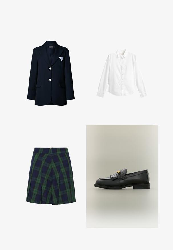 Blazer bleu marine avec larges revers, deux boutons argentés, poches à rabat, manches longues et un mouchoir à motif dans la poche poitrine gauche.; Chemise blanche manches longues avec col, sept boutons et poignets ajustés, affichée sur un fond blanc uni.; Jupe plissée bleu marine et verte avec un motif tartan et une fermeture éclair au dos.; Mocassin en cuir noir avec détail de franges et emblème doré sur un fond neutre, vu de profil.