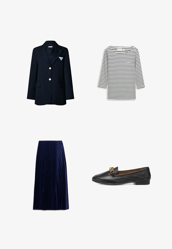 Blazer azul marino con solapas anchas, dos botones plateados, bolsillos con solapa, mangas largas y un pañuelo de bolsillo con estampado en el bolsillo izquierdo del pecho.; Camiseta de algodón de manga larga con rayas horizontales en azul marino y blanco, que presenta un pequeño logo bordado en el pecho, cuello redondo y corte holgado.; Falda midi plisada de color navy, confeccionada en una tela ligera con textura suave, que presenta pliegues verticales espaciados uniformemente y una cintura elástica.; Mocasines de cuero negro con suela plana, que cuentan con un acento decorativo de cadena dorada en la parte superior. Textura suave con un diseño elegante y aerodinámico.