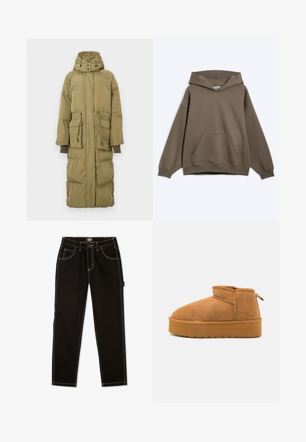 Lang, olivengrøn pufferjakke med hætte, der har to frontlommer, snoretræk i taljen og ribbede manchetter. Glat tekstur og polstret design.; Brun oversized hættetrøje med foran kængurulomme og ribstrikkede ærmeafslutninger, vist på en ensartet lys baggrund.; Sorte denimbukser med kontrastfarvet hvid syning, fem lommer og en flap på siden. Standard pasform, lige ben design.; Brune suede ankelstøvler med en rund tå, lav skæring, og en tekstureret gummisål med en lille platform og et hængsel.