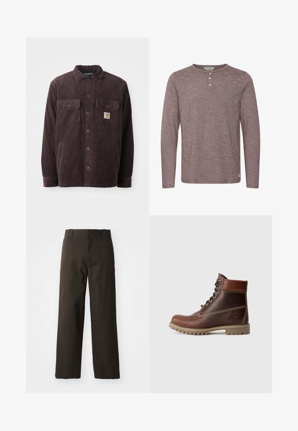 Chaqueta de camisa de pana en morado oscuro con cuello, cierre frontal de botones, dos bolsillos en el pecho y un parche con el logo en el bolsillo izquierdo.; Camisa de manga larga estilo henley con una tela suave y texturada en un color malva apagado. Presenta tres botones en el escote y costuras mínimas.; Pantalones de algodón negros con un diseño de pierna recta, que cuentan con un cierre de botón y una cinturilla clásica. Textura suave, sin patrones ni acentos.; Botín de cuero marrón con cordones, cuello acolchado, costuras en contraste y suela resistente, mostrado desde el lado exterior sobre un fondo blanco.