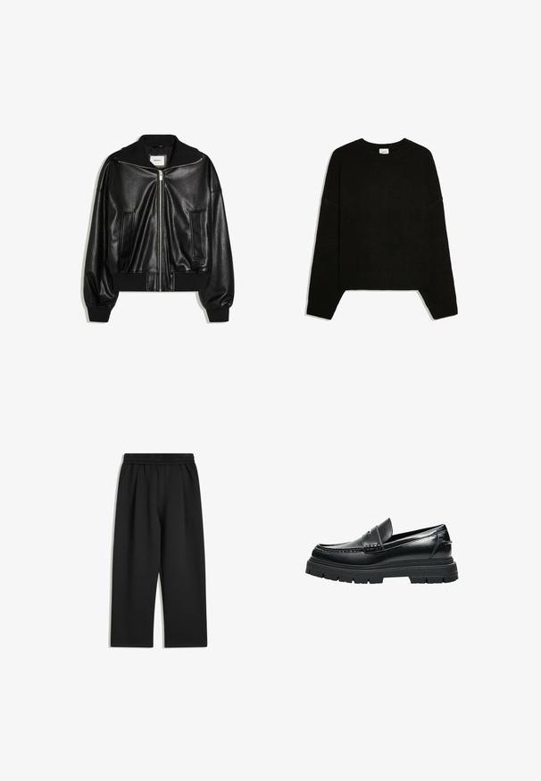 Veste bomber en similicuir noir avec fermeture éclair à l’avant, deux poches latérales, poignets et ceinture côtelés.; Pull noir à manches longues en maille avec poignets, ourlet et col rond côtelés, posé à plat sur fond blanc.; Pantalons larges noirs avec taille élastique et poches latérales, présentés à plat sur un fond blanc.; Mocassin en cuir noir avec semelle épaisse à crampons et détail de bride penny, vu de profil sur fond blanc.
