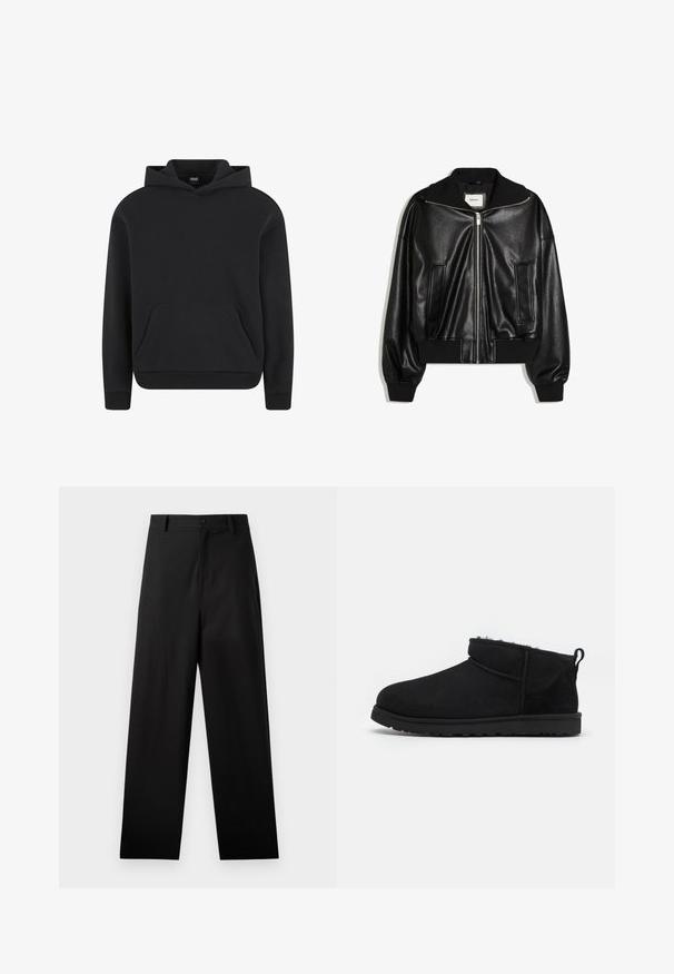Veste bomber en similicuir noir avec fermeture éclair à l’avant, deux poches latérales, poignets et ceinture côtelés.; Sweat à capuche noir à enfiler avec poche kangourou devant et poignets et ourlet côtelés, présenté sur fond blanc.; Pantalons noirs en coton avec une coupe droite, dotés d'une fermeture à bouton à l'avant et de poches latérales. Texture lisse, sans motifs.; Bottines noires en daim avec une doublure douce et texturée, une semelle en caoutchouc basse et une languette à l'arrière pour un enfilage facile.