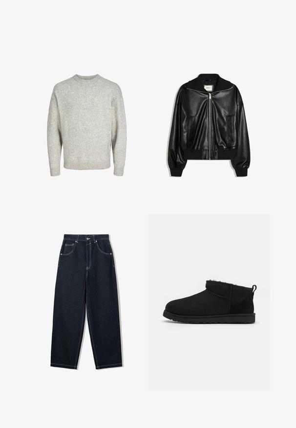 Veste bomber en similicuir noir avec fermeture éclair à l’avant, deux poches latérales, poignets et ceinture côtelés.; Pull en tricot gris clair avec un col rond, des épaules tombantes et des poignets côtelés, présentant une surface texturée et légèrement duveteuse.; Jean en denim foncé à jambes larges avec des coutures blanches contrastées, cinq poches et une fermeture bouton. Présente un design taille haute.; Bottines noires en daim avec une doublure douce et texturée, une semelle en caoutchouc basse et une languette à l'arrière pour un enfilage facile.