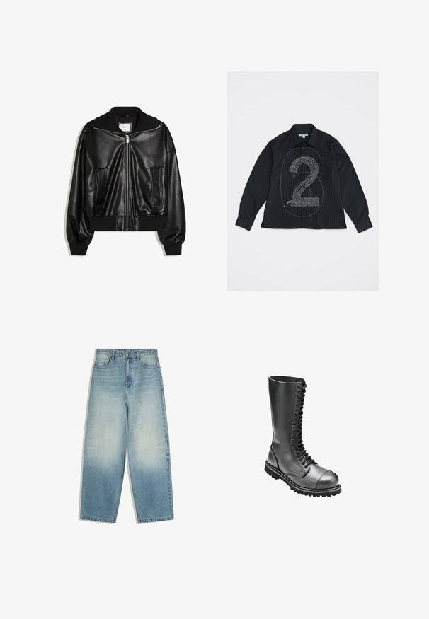 Schwarze Bomberjacke aus Kunstleder mit Frontreißverschluss, zwei Seitentaschen, gerippten Bündchen und Bund.; Schwarzes langärmliges Hemd mit Knopfleiste, vorne mit einer großen, umrandeten Zahl 6 und einer strukturierten Zahl 2 in weißem Text.; Hellblaue Jeans mit weitem Bein, vorderen Taschen, Knopfverschluss und ausgewaschenen Bereichen an Oberschenkeln und Knien.; Schwarze Leder-Schnürkampfstiefel mit hohem Schaft, runder Zehenpartie, gepolstertem Kragen und strukturiertem Gummisohle für besseren Halt.