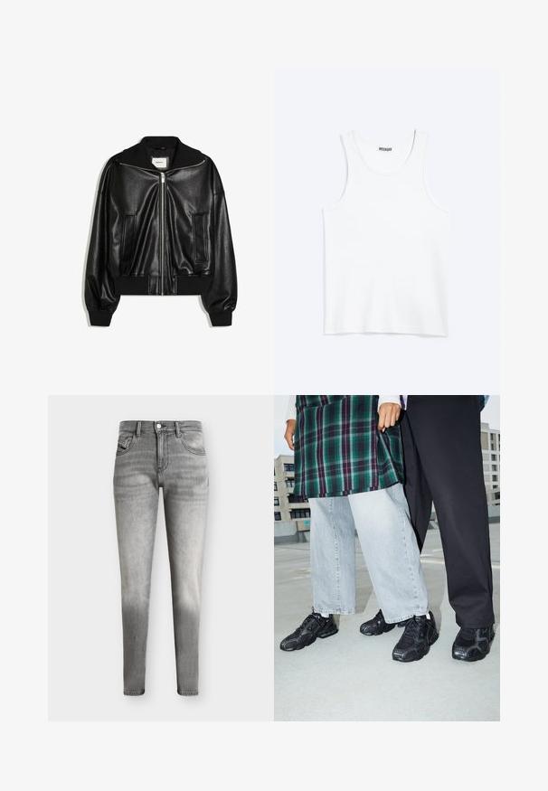 Veste bomber en similicuir noir avec fermeture éclair à l’avant, deux poches latérales, poignets et ceinture côtelés.; Débardeur blanc sans manches avec col rond et étiquette de la marque Weekday à l'intérieur du col arrière, présenté à plat sur un fond clair.; Jean slim gris délavé avec un design à cinq poches et une fermeture par boutons, présenté sur un fond uni.; Baskets de sport noires avec des accents en mesh et en caoutchouc. Portées avec un jean large gris clair et un haut à carreaux vert. Fond à surface plane.