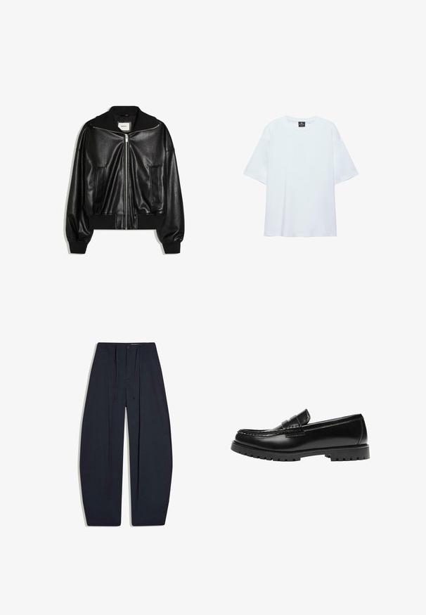 Veste bomber en similicuir noir avec fermeture éclair à l’avant, deux poches latérales, poignets et ceinture côtelés.; T-shirt blanc uni oversize à manches courtes avec col rond et étiquette noire à l'intérieur du col sur fond blanc.; Pantalon noir à taille haute, jambes larges, avec plis sur le devant, poches latérales, fermeture par boutons et cordons de serrage à la taille.; Mocassin en cuir noir avec une semelle en caoutchouc épaisse et un détail classique de bride à monnaie, vu de côté extérieur.