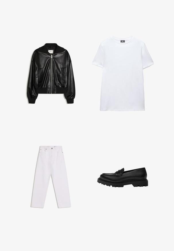 Veste bomber en similicuir noir avec fermeture éclair à l’avant, deux poches latérales, poignets et ceinture côtelés.; T-shirt blanc uni en coton à manches courtes avec col rond et étiquette noire de la marque Pull&Bear à l’intérieur du col.; Jean blanc droit avec cinq poches, passants pour ceinture, et fermeture à bouton et glissière à l'avant sur un fond uni.; Mocassin en cuir noir avec une semelle robuste et texturée. Présente un bord décoratif en couture et un petit talon pour un design contemporain.