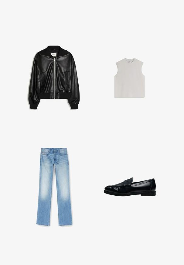 Veste bomber en similicuir noir avec fermeture éclair à l’avant, deux poches latérales, poignets et ceinture côtelés.; Débardeur sans manches gris clair en coton doux, doté d'un col rond, d'une coupe décontractée et d'un design minimaliste sans ornements.; Jean droit bleu clair en denim, présentant une finition délavée, un design à cinq poches et des détails de couture visibles le long des coutures.; Mocassin penny loafer pour homme en cuir noir avec bout moc cousu et petit talon, présenté de profil sur fond blanc.