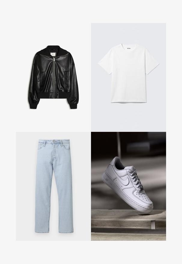Veste bomber en similicuir noir avec fermeture éclair à l’avant, deux poches latérales, poignets et ceinture côtelés.; T-shirt blanc à manches courtes et col rond, étalé à plat, design uni, avec l'étiquette "WEEKDAY" à l'intérieur du col sur un fond clair.; Jean droit en denim bleu clair avec fermeture par bouton et zip à l’avant, passants de ceinture et poches avant sur fond blanc.; La basket Nike Air Force 1 en cuir blanc présente un embout perforé, des lacets plats et une semelle en caoutchouc texturée avec le logo « AIR » sur le côté.