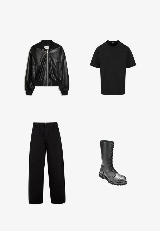 Schwarze Bomberjacke aus Kunstleder mit Frontreißverschluss, zwei Seitentaschen, gerippten Bündchen und Bund.; Schwarzes Baumwoll-T-Shirt mit klassischem Rundhalsausschnitt, kurzen Ärmeln und lockerer Passform. Glatte Textur, schlichtes Design, keine Muster oder Akzente.; Schwarze weite Jeans aus Denim, mit Fronttaschen, einem Knopfverschluss und einem klaren, minimalistischen Design ohne sichtbare Muster.; Schwarze Leder-Schnürkampfstiefel mit hohem Schaft, runder Zehenpartie, gepolstertem Kragen und strukturiertem Gummisohle für besseren Halt.