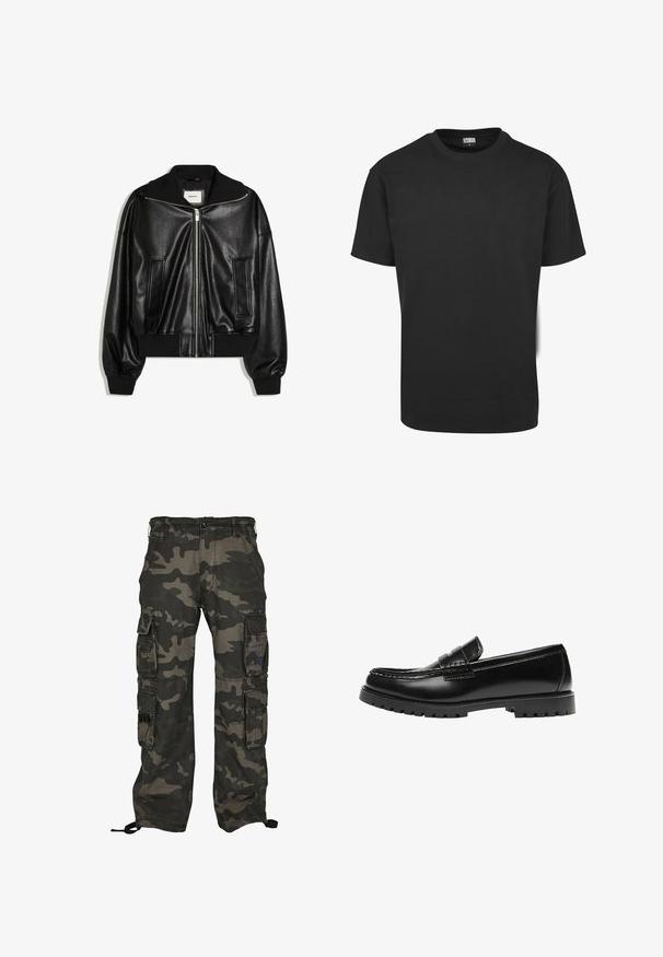 Schwarze Bomberjacke aus Kunstleder mit Frontreißverschluss, zwei Seitentaschen, gerippten Bündchen und Bund.; Schwarzes Baumwoll-T-Shirt mit kurzen Ärmeln, rundem Ausschnitt und normaler Passform. Der Stoff wirkt glatt und unverziert.; Tarnfarbene Cargo-Hosen in Dunkelgrün und Grau, ausgestattet mit mehreren Seitentaschen, einem Knopfverschluss und verstellbaren Knöchel-Zugbändern.; Schwarzer Leder-Slipper mit dicker Gummisohle und klassischem Penny-Detail an der Riemen, von der Außenseite gezeigt.