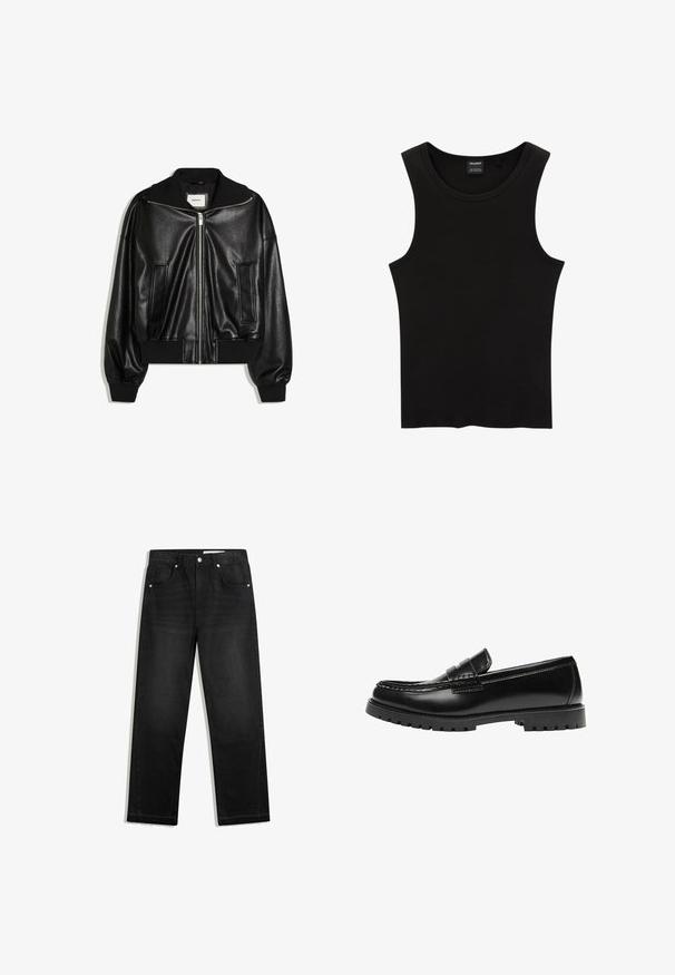 Schwarze Bomberjacke aus Kunstleder mit Frontreißverschluss, zwei Seitentaschen, gerippten Bündchen und Bund.; Schwarzes, geripptes Tanktop mit rundem Halsausschnitt und weiten Armausschnitten, aus einem weichen, dehnbaren Stoff. Marke: Pull&Bear.; Schwarze Denim-Jeans mit geradem Bein, fünf Tasche-Design, kontrastierenden Beschlägen und rohem Saumdetail am unteren Ende.; Schwarzer Leder-Slipper mit dicker Gummisohle und klassischem Penny-Detail an der Riemen, von der Außenseite gezeigt.