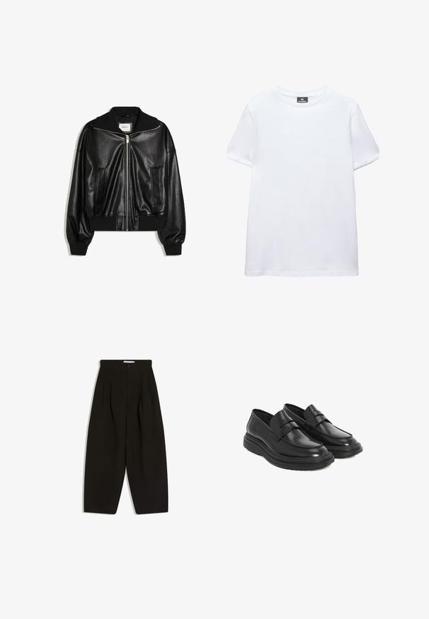 Schwarze Bomberjacke aus Kunstleder mit Frontreißverschluss, zwei Seitentaschen, gerippten Bündchen und Bund.; Einfaches weißes T-Shirt mit kurzen Ärmeln und Rundhalsausschnitt mit einem schwarzen Pull&Bear-Etikett innen am Kragen, abgebildet auf weißem Hintergrund.; Schwarze, weit geschnittene Hosen aus weichem Stoff, mit plissiertem Vorderteil, Knopfverschluss und Seitentaschen für zusätzliche Funktionalität.; Schwarze Lederloafer mit runder Spitze, gesteppten Details und einer Plattform aus Gummi. Verfügt über einen dekorativen Riemen über dem Vorderblatt.