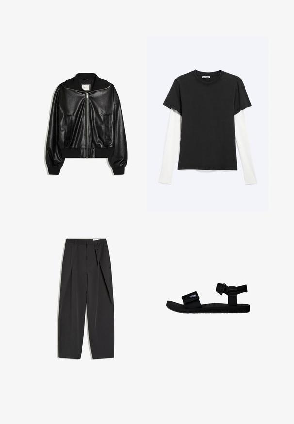Schwarze Bomberjacke aus Kunstleder mit Frontreißverschluss, zwei Seitentaschen, gerippten Bündchen und Bund.; Schwarzes T-Shirt mit kurzen Ärmeln, über einem weißen Langarmshirt getragen, liegend auf hellem grauem Hintergrund mit sichtbarem WEEKDAY-Label im Kragen.; Schwarze, maßgeschneiderte, hoch taillierte Hose mit Bügelfalten, Gürtelschlaufen und geradem Bein, flach auf weißem Hintergrund dargestellt.; Schwarze Sandalen mit verstellbaren Stoffriemen, strukturiertem Gummisohle und einem Logopatch. Entworfen für Komfort und die Nutzung im Freien.