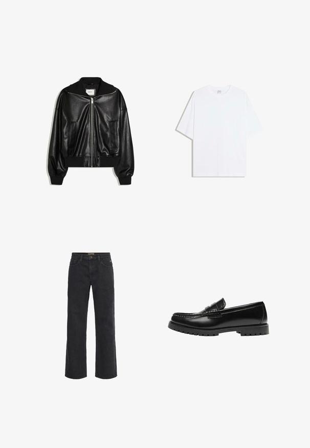 Veste bomber en similicuir noir avec fermeture éclair à l’avant, deux poches latérales, poignets et ceinture côtelés.; T-shirt oversize en coton blanc avec un col rond et des manches courtes ; texture lisse, sans motifs ni accents visibles.; Pantalons en denim noir à jambe large avec fermeture à bouton, cinq poches et une texture légèrement délavée. Coupe droite de la taille à l'ourlet.; Mocassin en cuir noir avec une semelle en caoutchouc épaisse et un détail classique de bride à monnaie, vu de côté extérieur.