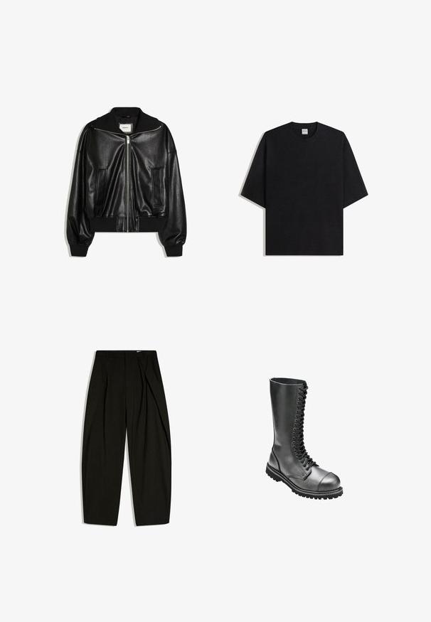 Zwarte bomberjas van imitatieleren met ritssluiting aan de voorkant, twee zijzakken, geribde boorden en tailleband.; Zwart oversized T-shirt met korte mouwen en ronde hals, plat gelegd op een witte achtergrond, met het Bershka-label zichtbaar aan de binnenkant van de kraag.; Zwarte, op maat gemaakte, hoog uitgesneden broek met subtiele verticale krijtstrepen en een voorste plooi, plat uitgestald op een witte achtergrond.; Zwarte leren veterlaarzen met een hoge schacht, ronde neus, gewatteerde kraag en een geprofileerde rubberen zool voor betere grip.