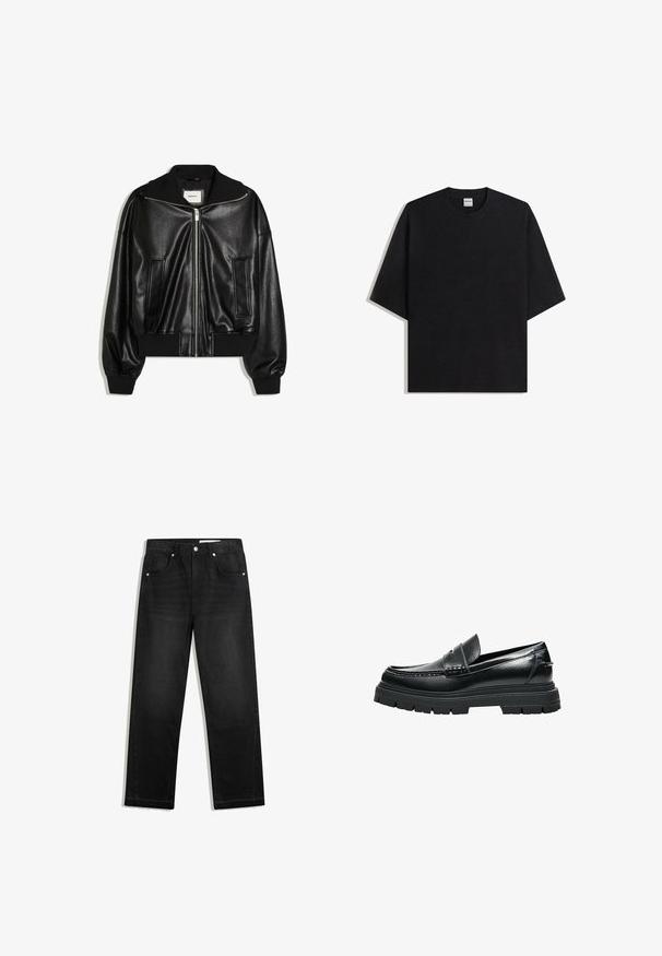 Zwarte bomberjas van imitatieleren met ritssluiting aan de voorkant, twee zijzakken, geribde boorden en tailleband.; Zwart oversized T-shirt met korte mouwen en ronde hals, plat gelegd op een witte achtergrond, met het Bershka-label zichtbaar aan de binnenkant van de kraag.; Zwarte spijkerbroek van denim met een rechte pijp, vijf zakken, contrasterende details en een onafgewerkte zoom onderaan.; Zwarte leren loafer met dikke grof profielzool en pennybandje, zijaanzicht op witte achtergrond.