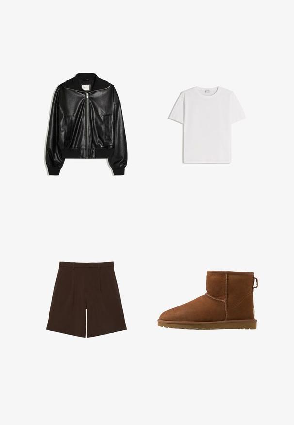 Veste bomber en similicuir noir avec fermeture éclair à l’avant, deux poches latérales, poignets et ceinture côtelés.; T-shirt en coton blanc avec un col rond et des manches courtes. Présente une coupe classique et carrée, sans motifs ni accents visibles.; Shorts marron foncé coupés au genou, cintrés avec passants de ceinture et plis sur le devant, présentés à plat sur fond blanc.; Bottines en daim marron avec un bout arrondi, des accents cousus et une semelle en caoutchouc. Présente un tirette à l'arrière pour un enfilage facile.
