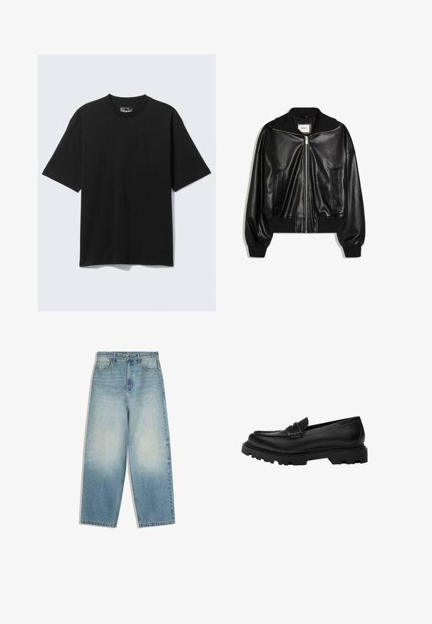 Veste bomber en similicuir noir avec fermeture éclair à l’avant, deux poches latérales, poignets et ceinture côtelés.; T-shirt noir en coton à manches courtes et coupe décontractée, col rond, présenté sur un fond clair uni.; Jean denim bleu clair à jambes larges avec poches avant, fermeture par bouton, et effet délavé sur les cuisses et les genoux.; Mocassin en cuir noir avec une semelle robuste et texturée. Présente un bord décoratif en couture et un petit talon pour un design contemporain.