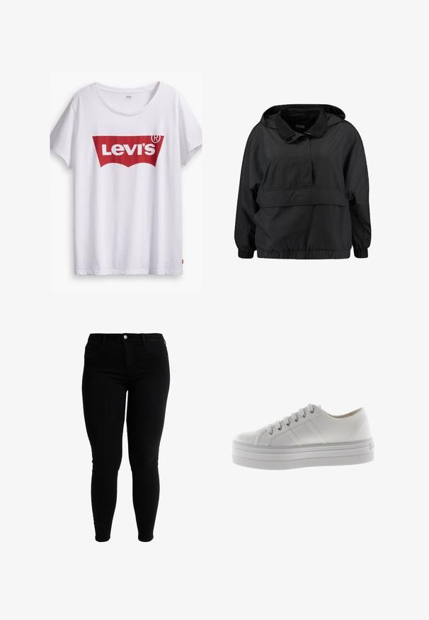 Veste à capuche légère noire avec un demi-zip sur le devant, des poignets élastiques et un ourlet inférieur. Matériau lisse avec un design basique et sans motifs.; T-shirt en coton blanc avec un logo rouge Levi's en forme d'étiquette rouge. Manches courtes et encolure ronde, coupe décontractée.; Jean skinny noir taille haute avec bouton avant, passants de ceinture et poches avant, présentés sur un fond blanc.; Baskets blanches basses en toile avec semelle épaisse, fermeture à lacets à l'avant, et détails de couture sur le côté.