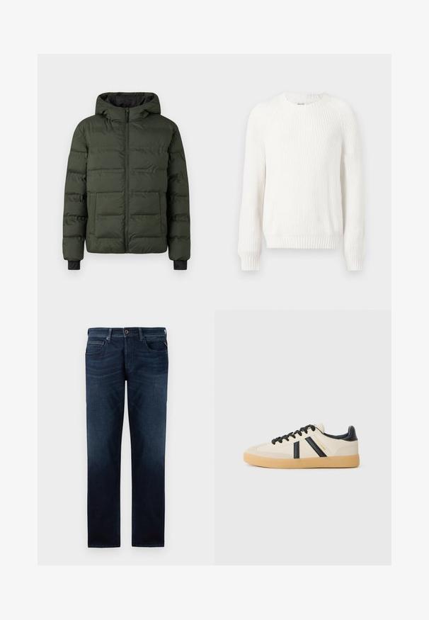 Olivenfarvet polstret jakke med frontlynlås, fasthæftet hætte, to store frontlommer og sorte indvendige håndledsmanchetter.; Hvid ribbet sweater med rund halsudskæring, sænkede skuldre og lange ærmer. Har struktureret stof og en lige kant.; Mørkeblå denimjeans med lige ben-design, fem-lomme stil og en synlig knaplukning i livet. Glat tekstur.; Casual sneakers i creme med sorte striber, med en tekstureret overdel og sål i gummigummi. Snørebåndene er sorte. Diskret logo på siden.