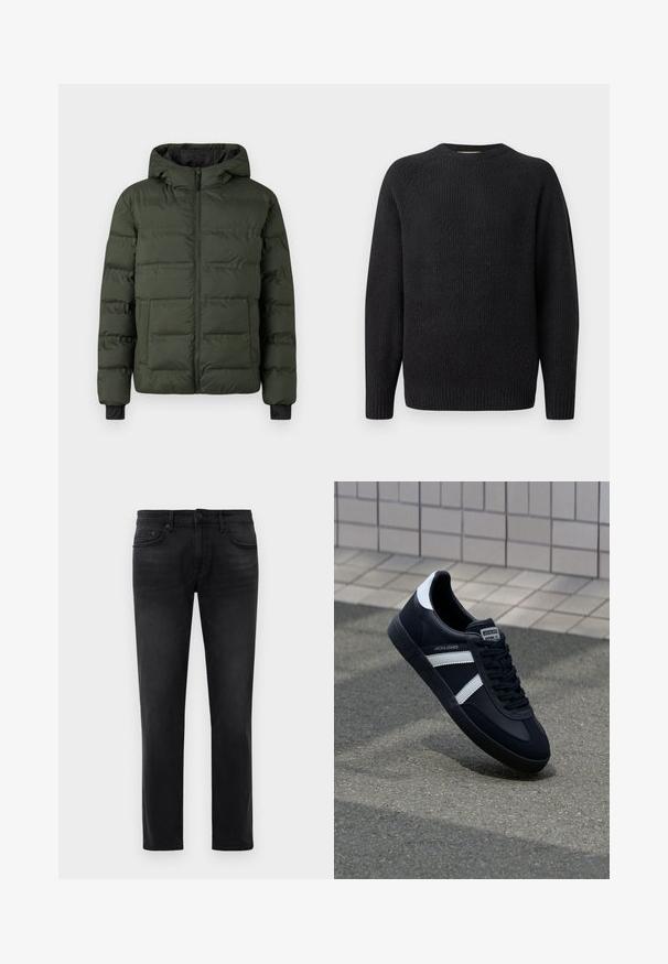 Olivenfarvet polstret jakke med frontlynlås, fasthæftet hætte, to store frontlommer og sorte indvendige håndledsmanchetter.; Sort strikket sweater med rund hals, ribbet tekstur og lange ærmer. Simpelt design uden synlige logoer eller udsmykninger.; Sorte slim-fit jeans med fem lommer, bæltestropper og knaplukning, lagt fladt mod en hvid baggrund.; Sort lædersneaker med hvide striber, tekstureret gummisål og snørrebånd foran. Har et brandet mærke på tungen.