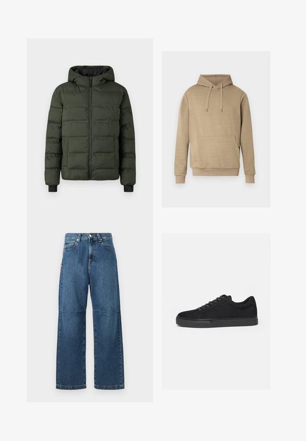 Olivgrüne gefütterte Jacke mit durchgehendem Reißverschluss, angenommener Kapuze, zwei großen Fronttaschen und schwarzen Innensaumabschlüssen an den Handgelenken.; Beige Kapuzenpullover mit diamantsteppter Textur, vorderer Kängurutasche, Kordelzugkapuze sowie gerippten Bündchen und Saum.; Blaue Jeans aus Denim mit entspannter Passform, geraden Beinen, sichtbarem Nähen und einem vorderen Knopfverschluss. Verfügt über eine Seitentasche mit einem Akzent.; Schwarzer Low-Top-Sneaker mit Schnürung vorne und flacher Gummisohle, seitlich auf weißem Hintergrund dargestellt.
