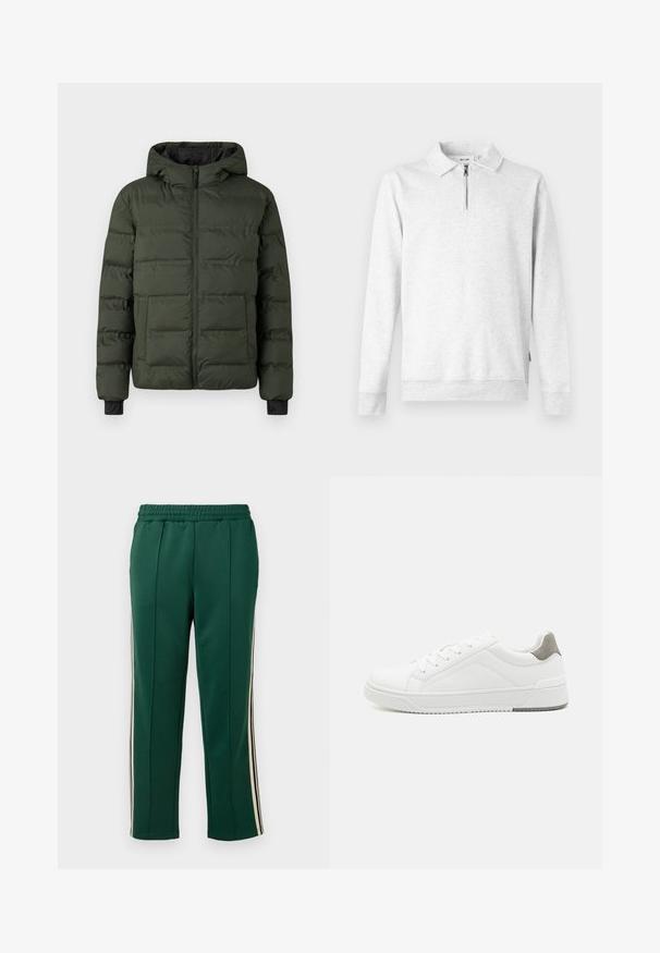 Õlivärvi polsterdatud jakk, millel on ees tõmblukk, kinnitatud kapuuts, kaks suurt eesmist taskut ja mustad sisemistest randmeaukudest.; Heled hall sweatshirt, mille krae ja lukuga, pikkade varrukatega, ribaga mansettide ja äärega. Valmistatud pehmest, tekstureeritud kangast. Ilma mustrite või detailideta.; Roheline spordipüksid, millel on elastne vöökoht, kaks külge valge ja musta triibuga ning kitsenev lõige sujuva tekstuuriga.; Valge tenniseking sileda nahaga, ümar varvas, minimalistlik disain, hall kand, ja tekstureeritud kummist tald.
