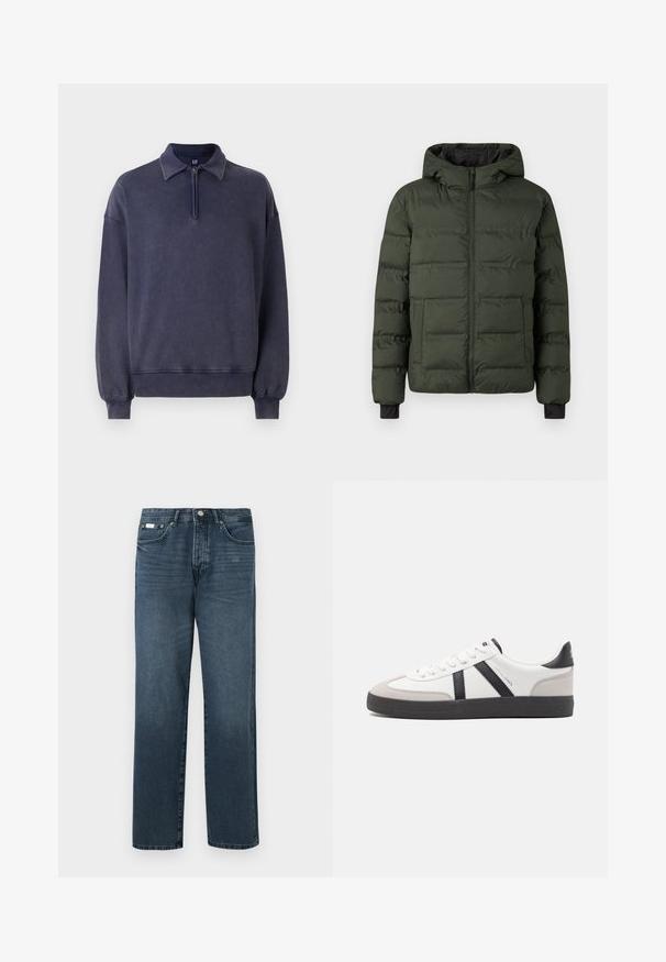 Olivenfarvet polstret jakke med frontlynlås, fasthæftet hætte, to store frontlommer og sorte indvendige håndledsmanchetter.; Marineblå sweatshirt med halv-zip krave, afslappet pasform og ribbede manchetter. Lavet af blødt materiale med en tekstureret overflade.; Mørkeblå denimbukser med lige pasform, fem lommer, bæltestropper og lynlås. Glat tekstur med subtile blegede detaljer.; Hvide sneakers med sorte og grå detaljer, med en tekstureret grå tåhætte, sort gummisål og flade hvide snørebånd. Rent design, minimalistisk stil.