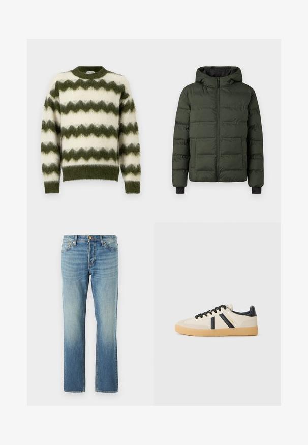 Chaqueta acolchada verde oliva con cremallera frontal, capucha integrada, dos grandes bolsillos frontales y puños interiores negros.; Jersey de rayas en zigzag verde y blanco, hecho de un material suave y esponjoso, con un cuello redondo y puños acanalados.; Jeans de mezclilla azul claro con un diseño de pierna recta, que presentan un acabado descolorido, remaches de cobre y un estilo clásico de cinco bolsillos.; Zapatillas casuales en crema con rayas negras, con parte superior texturizada y suela de goma. Los cordones son negros. Logo sutil en el costado.